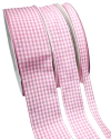 Kit de fitas xadrez na cor rosa, com três rolos de 6 metros cada, ideal para decoração e artesanato.