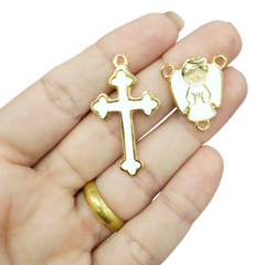 3 Kits Terço Anjo Dourado com Branco Resinado (6 pcs)