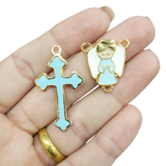 3 Kits Terço Anjo Dourado com Azul Resinado (6 pcs)