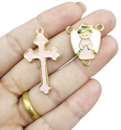 3 Kits Terço Anjo Dourado com Rosa Resinado (6 pcs)
