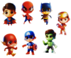 Apliques emborrachados de super-heróis, incluindo Superman, Homem-Aranha, Batman, Iron Man, Flash, Capitão América e Hulk, todos em estilo infantil.