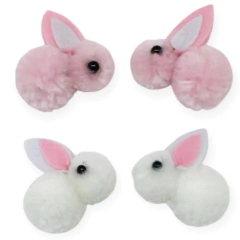 Apliques de coelho pompom em cores rosa e branca, perfeitos para decoração de Páscoa.