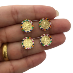 Pingente Dourado São Bento com Zircônia Colorido Banhado a Ouro (1 und)