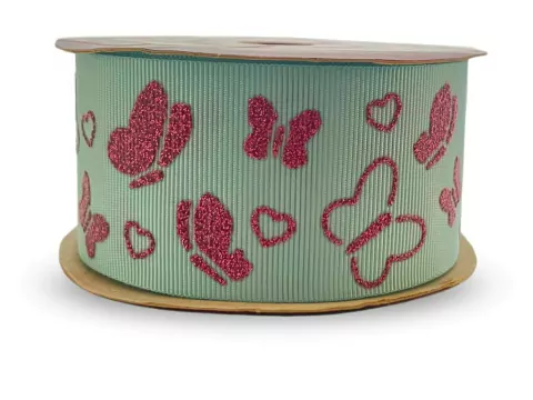 Fita Gorgurão Decore Glitter Borboletas 38mm 1 Metro