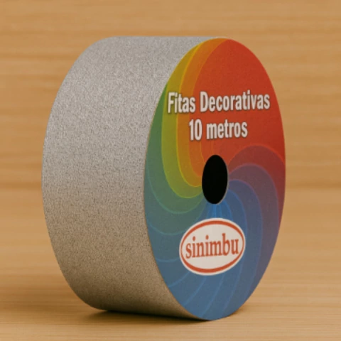 Rolo de fita decorativa metalizada prata Sinimbu com 36mm de largura e 10 metros de comprimento sobre superfície de madeira