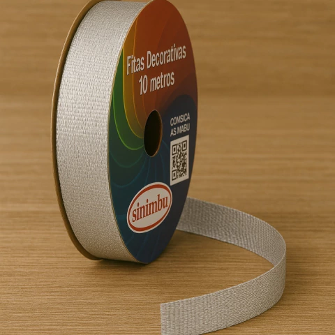 Rolo de fita decorativa metalizada prata Sinimbu com 16mm de largura e 10 metros de comprimento sobre superfície de madeira