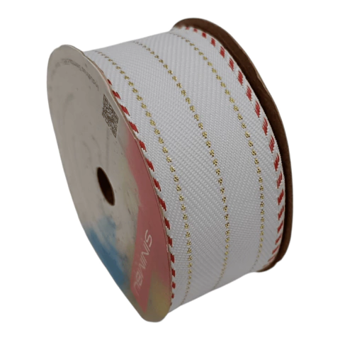 Rolo de fita natalina branca com detalhes dourados e bordas vermelhas, 38mm por 10 metros