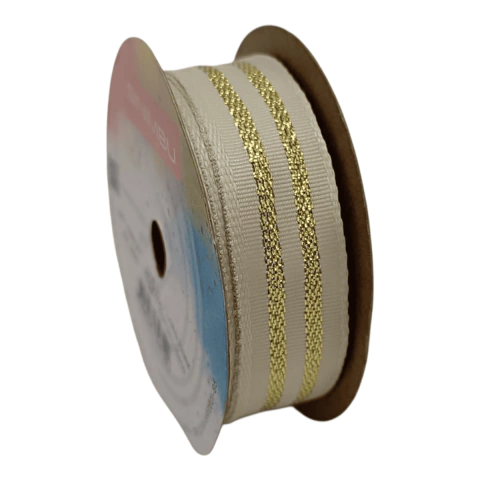 Rolo de fita decorativa Sinimbu crua com duas listras douradas metalizadas, largura de 22mm e comprimento de 10 metros