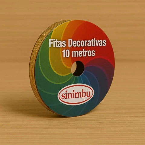 Fita decorativa metalizada Sinimbu de 10 metros enrolada em carretel com rótulo colorido