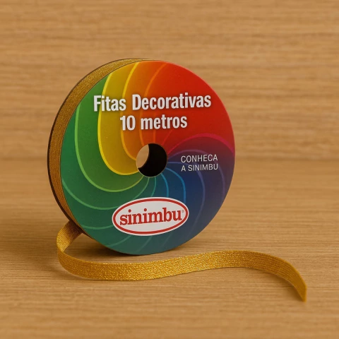 Rolo de fita decorativa metalizada na cor ouro com 9mm de largura e 10 metros de comprimento da marca Sinimbu