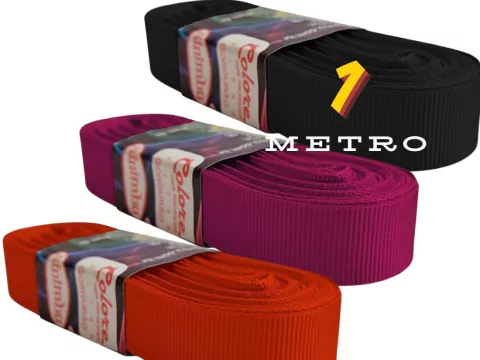 Fitas de gorgurão em várias cores: preto, rosa e laranja, com embalagem visível, apresentando a marca Sinimbu.