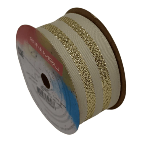 Rolo de fita decorativa Sinimbu 1996/38 na cor cru com duas faixas douradas metalizadas, largura de 38mm e comprimento de 10 metros