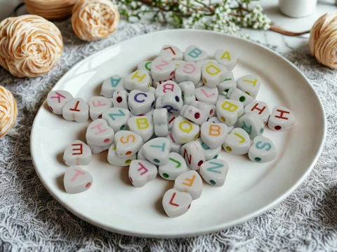 Miçanga Coração Letrinhas 25g 4mm x 7mm Sortidos