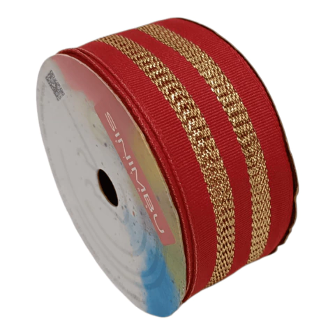 Rolo de fita decorativa vermelha com listras douradas metálicas, 38mm de largura e 10 metros de comprimento