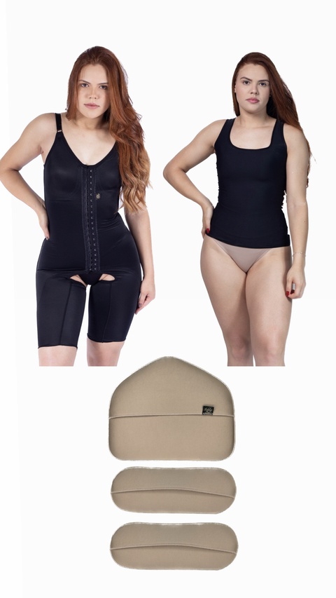 KIT 1 MACACÃO CIRÚRGICO SHAPEWEAR + REGATA SEGUNDA PELE EMANA + KIT TALAS - MB CINTAS