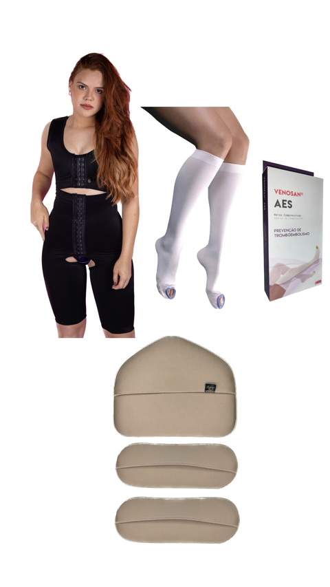 KIT 1 MACACÃO CIRÚRGICO SHAPEWEAR + 1 PAR DE MEIA ANTITROMBO 3/4 + KIT TALAS - MB Cintas