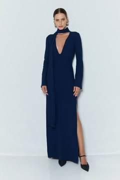 VESTIDO LONGO COM FAIXA AZUL MARINHO