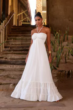 VESTIDO LONGO DE CREPE OFFWHITE CRIS