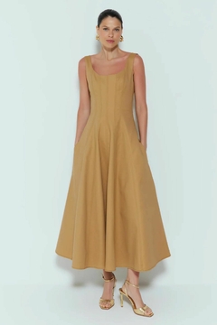 VESTIDO MIDI COM PESPONTO KAKI