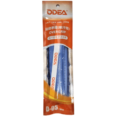 Cubre grip Odea perforado con relieve azul en su empaque original, ideal para paletas de pádel.
