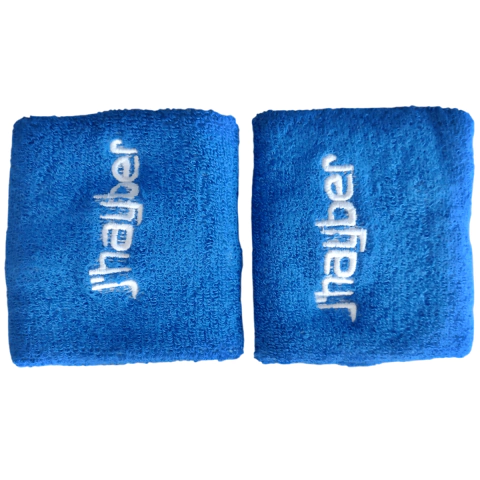 Par de muñequeras cortas J'hayber de color azul, ideales para hombres, mujeres y sin género, hechas de tela absorbente.