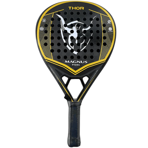 Paleta de pádel Magnus Thor 12K Eva Soft en color negro y amarillo, con diseño moderno y logo distintivo en el centro.