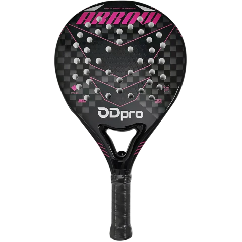 Paleta de pádel Odea ODpro Arrow Black Pink Eva Soft con diseño en negro y rosa, superficie de carbono y logo ODpro.