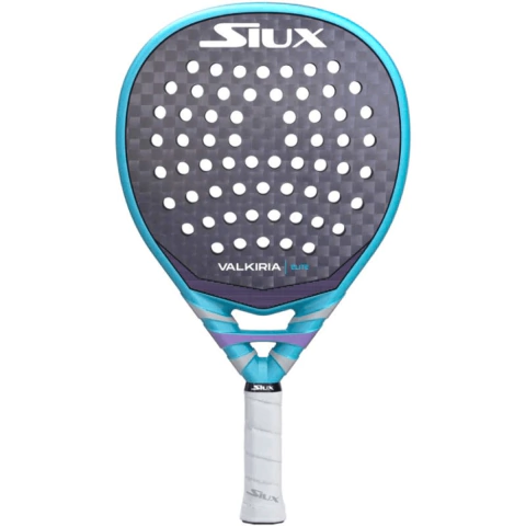 Paleta de pádel Siux Valkiria Elite Eva Soft con marco azul y superficie de carbono, ideal para jugadores avanzados.