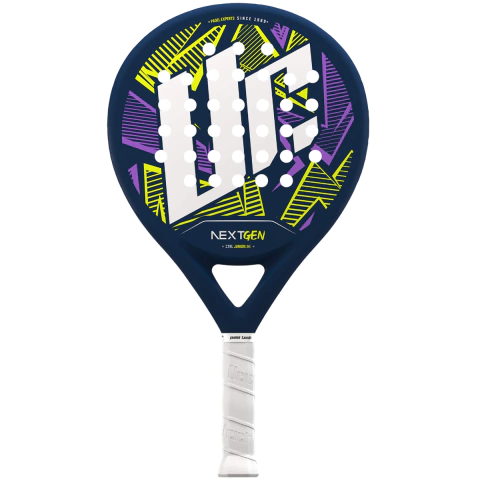 Paleta de pádel Urich Nextgen Foam para niños, diseño colorido con fondo azul y detalles en amarillo y violeta.