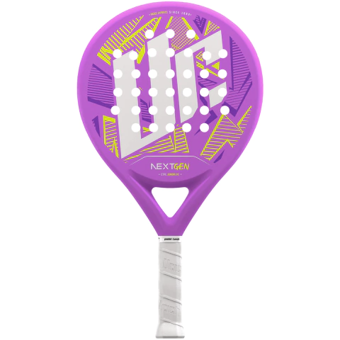 Paleta Urich Nextgen M Foam de pádel para niños, color violeta con detalles gráficos en amarillo y blanco, ideal para jugadores jóvenes.