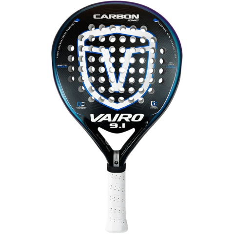 Paleta de pádel Vairo Carbon 9.1 Ionic Foam con diseño moderno en negro y detalles azules, ideal para jugadores avanzados. Incluye funda de regalo.