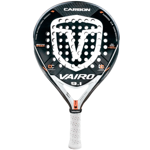 Paleta de pádel Vairo Carbon 9.1 White Foam, con diseño en blanco y negro, ideal para jugadores avanzados. Incluye funda de regalo.