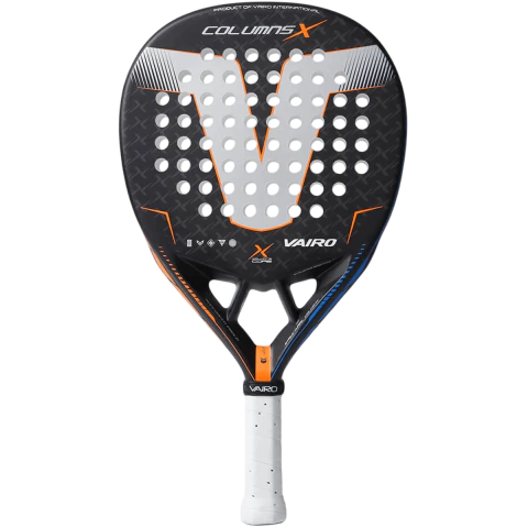 Paleta de pádel Vairo Columns X Eva en color negro con detalles en blanco, naranja y azul, ideal para jugadores de nivel intermedio o avanzado.