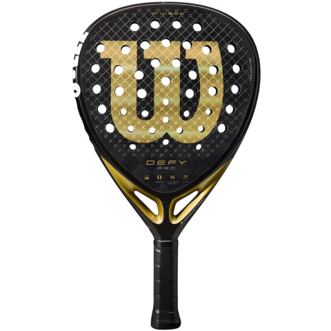 Paleta de pádel Wilson Defy Pro V1 Power Foam en color negro y dorado, con logo grande de Wilson en el centro.