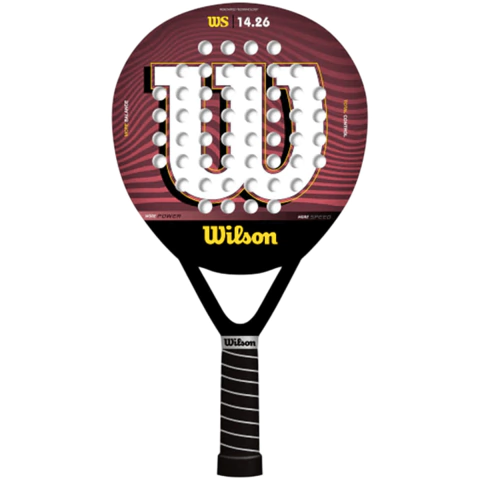 Paleta Wilson WS 14.26 Foam para padel, diseño moderno en colores negro y burdeos con logo Wilson en el centro.