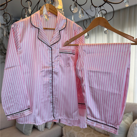 Pijama satén rayado rosa largo - comprar online