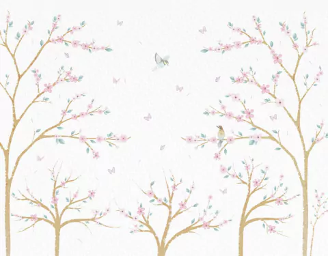 Papel de Parede Aquarela Arvore com Cerejeira