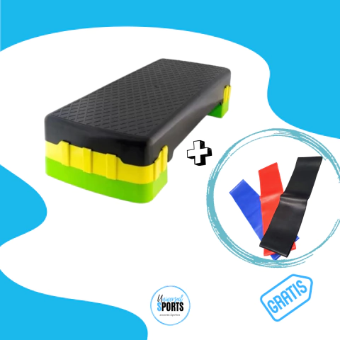 Step Funcional 65x27x10/15 Con Modulos Regulable Aerobic Gym + Kit 3 Bandas Circulares de Regalo