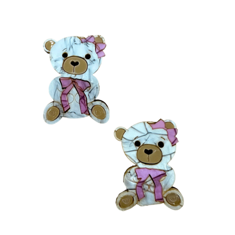 Aplique Madrepérola Ursinho Corpinho Curvado Laço Rosa (6cm) Acrílico - 2 Unidades