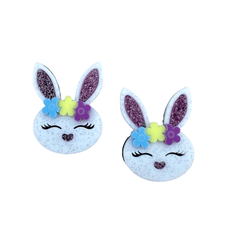 Aplique Coelhinha Branca Glitter Coroa de Flores Acrílico (4,0 cm) Henrikei Artes