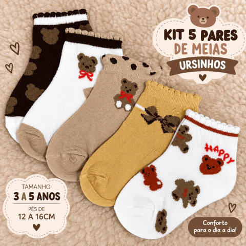 Kit 5 Pares de Meias Infantis de Algodão Ursinhos 3 a 5 Anos