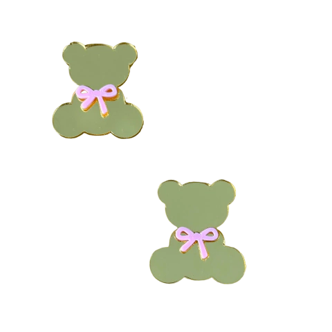 Aplique Ursinho Espelhado Dourado (3cm) Laço Rosa Acrílico