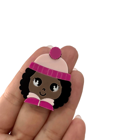 Aplique Menina Touca Rosa e Pink (4cm) Cabelo Preto Acrílico - 2 Unidades