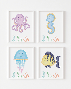 Kit Quadro Infantil Fundo do Mar Aquarela