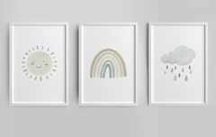 Conjunto  Quadro Infantil Arco Iris - Sol - Nuvem Aquarela