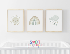 Conjunto  Quadro Infantil Arco Iris - Sol - Nuvem Aquarela