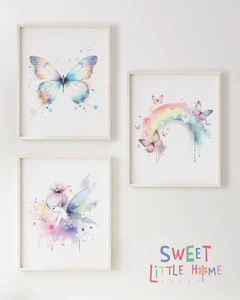 Quadro Infantil Borboleta e Fadinha Aquarela