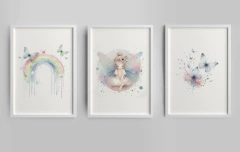 Quadro Infantil Borboleta Fadinha e Arco Iris Aquarela