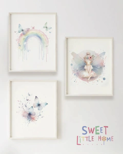 Quadro Infantil Borboleta Fadinha e Arco Iris Aquarela