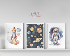 Quadro Infantil Astronauta  Foguete Aquarela